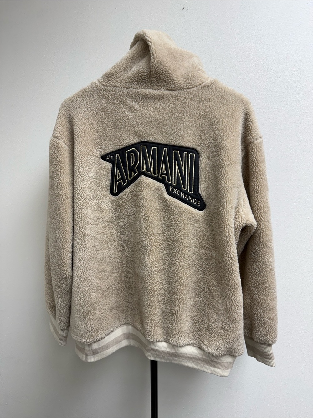 Armani Exchange Beige Sherpa Pullover with Embroidered Logo